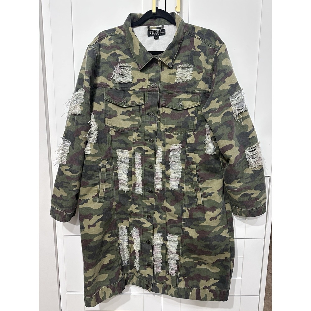 Thrill Jean Green Camouflage Denim Jacket Women's 2XL Long Sleeve Thrashed